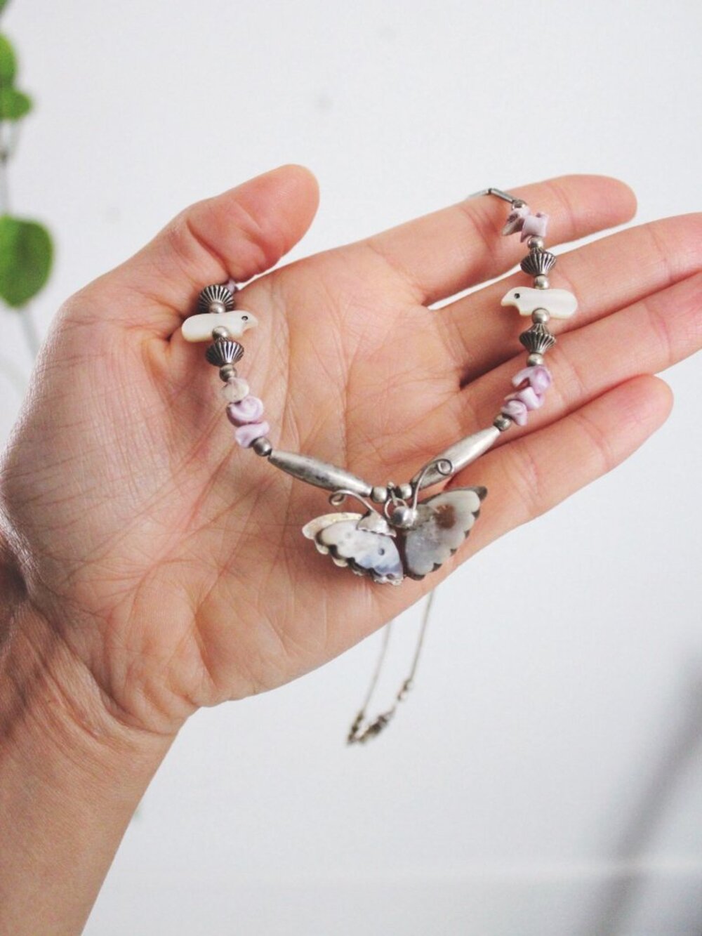 Vintage Southwestern Liquid Silver Butterfly Fetish Bird Bead Necklace Mother of